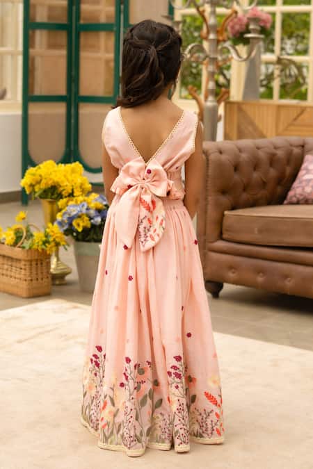 Shop Fayon Kids Pink Cotton Embroidery Designer Crop Top And Skirt Set at Aza Fashions Shop_Fayon Kids_Pink Cotton Embroidery Designer Crop Top And Skirt Set _at_Aza_Fashions