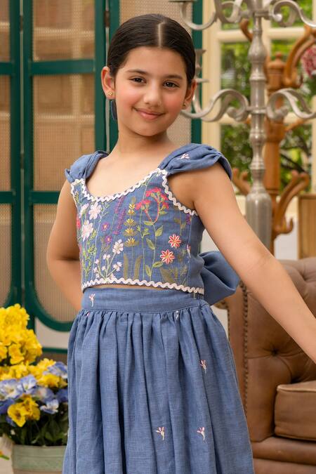 Fayon Kids_Blue Cotton Embroidery Designer Crop Top And Skirt Set _Online_at_Aza_Fashions