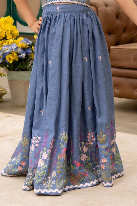 Shop_Fayon Kids_Blue Cotton Embroidery Designer Crop Top And Skirt Set _Online_at_Aza_Fashions