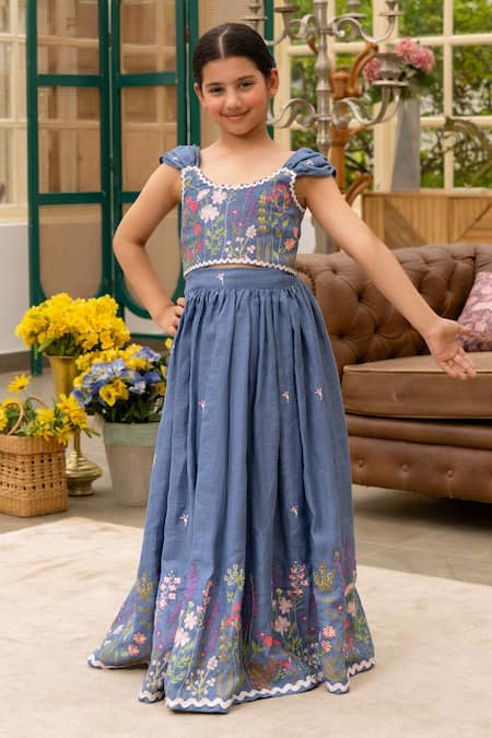 Fayon Kids_Blue Cotton Embroidery Designer Crop Top And Skirt Set _at_Aza_Fashions
