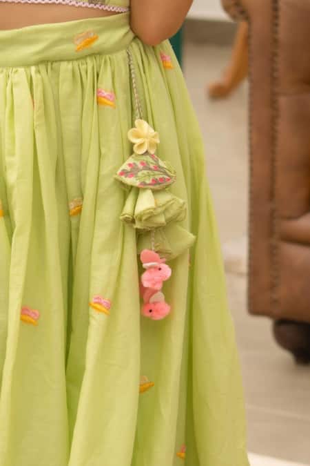 Fayon Kids Green Cotton Tassels, Embroidery Designer Lehenga And Blouse Set Online at Aza Fashions Fayon Kids_Green Cotton Tassels, Embroidery Designer Lehenga And Blouse Set _Online_at_Aza_Fashions