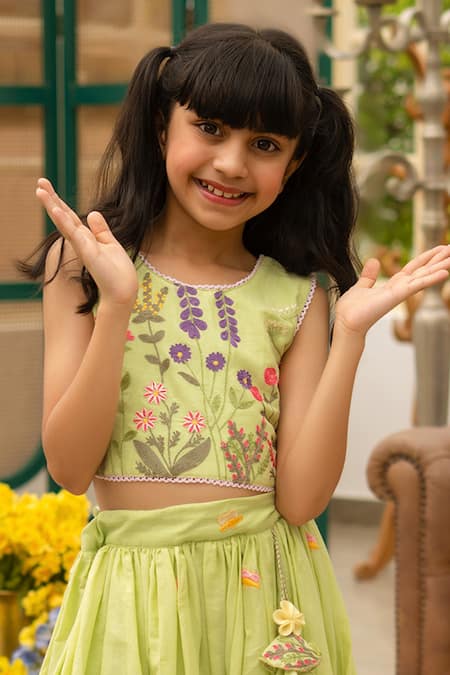 Buy Fayon Kids Green Cotton Tassels, Embroidery Designer Lehenga And Blouse Set Online at Aza Fashions Buy_Fayon Kids_Green Cotton Tassels, Embroidery Designer Lehenga And Blouse Set _Online_at_Aza_Fashions