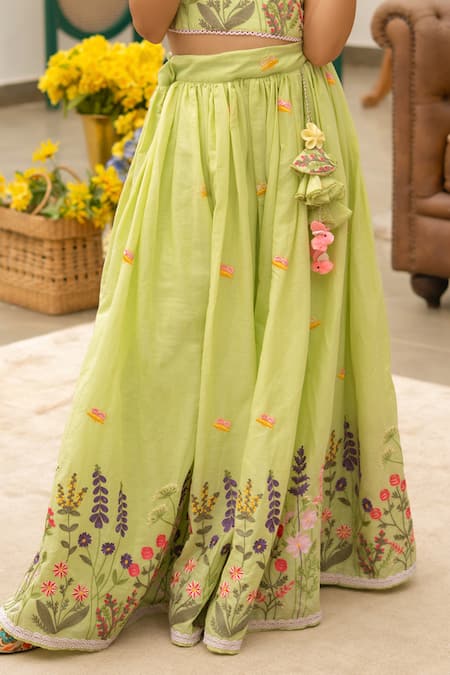 Shop Fayon Kids Green Cotton Tassels, Embroidery Designer Lehenga And Blouse Set Online at Aza Fashions Shop_Fayon Kids_Green Cotton Tassels, Embroidery Designer Lehenga And Blouse Set _Online_at_Aza_Fashions