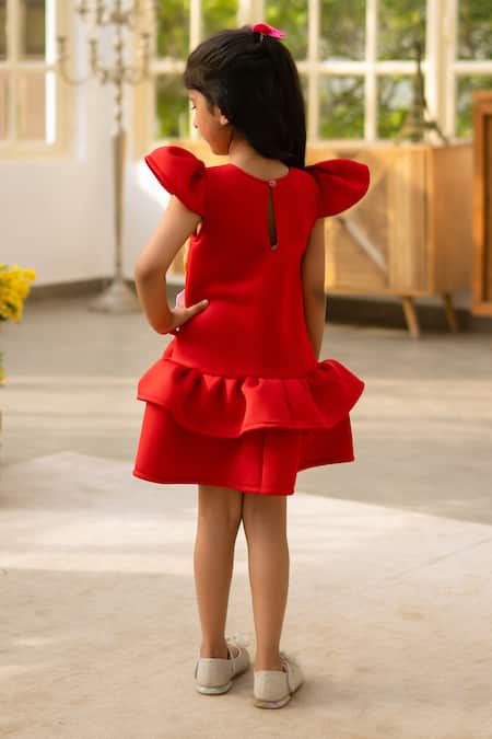 Shop Fayon Kids Red Neoprene Fabric Flowers Embellished Designer Dress at Aza Fashions Shop_Fayon Kids_Red Neoprene Fabric Flowers Embellished Designer Dress _at_Aza_Fashions