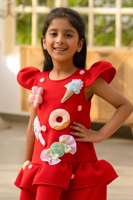 Fayon Kids Red Neoprene Fabric Flowers Embellished Designer Dress Online at Aza Fashions Fayon Kids_Red Neoprene Fabric Flowers Embellished Designer Dress _Online_at_Aza_Fashions