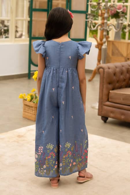 Shop Fayon Kids Blue Denim Embroidery Designer Jumpsuit at Aza Fashions Shop_Fayon Kids_Blue Denim Embroidery Designer Jumpsuit _at_Aza_Fashions