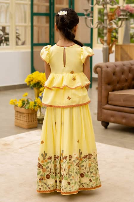 Shop Fayon Kids Yellow Cotton Embroidery, Fabric Flowers Floral Print Kurta Lehenga Set at Aza Fashions Shop_Fayon Kids_Yellow Cotton Embroidery, Fabric Flowers Floral Print Kurta Lehenga Set _at_Aza_Fashions