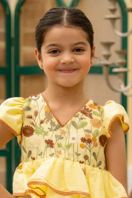 Fayon Kids Yellow Cotton Embroidery, Fabric Flowers Floral Print Kurta Lehenga Set Online at Aza Fashions Fayon Kids_Yellow Cotton Embroidery, Fabric Flowers Floral Print Kurta Lehenga Set _Online_at_Aza_Fashions