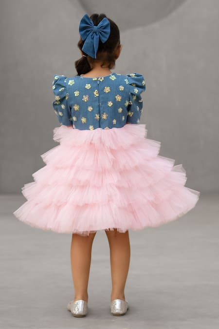 Shop Fayon Kids Blue Denim, Net Embroidery Designer And Dress at Aza Fashions Shop_Fayon Kids_Blue Denim, Net Embroidery Designer And Dress _at_Aza_Fashions