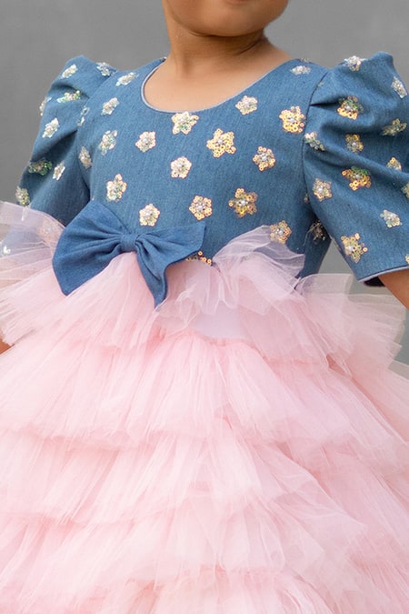 Fayon Kids Blue Denim, Net Embroidery Designer And Dress Online at Aza Fashions Fayon Kids_Blue Denim, Net Embroidery Designer And Dress _Online_at_Aza_Fashions