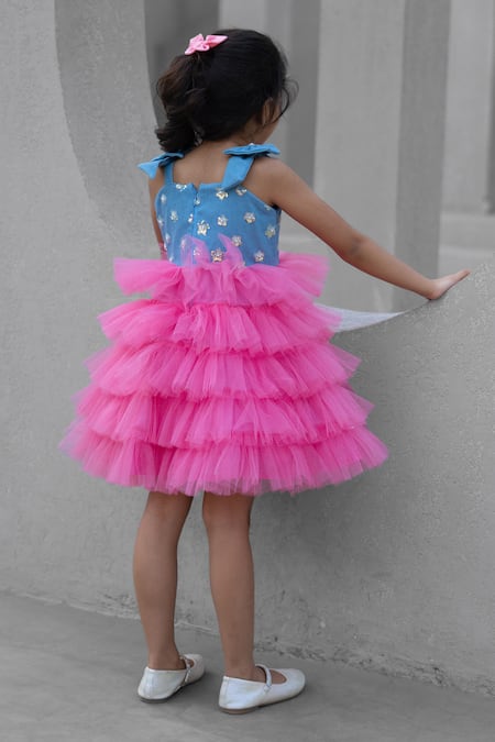 Shop Fayon Kids Blue Denim, Net, Tulle Embroidery Designer And Dress at Aza Fashions Shop_Fayon Kids_Blue Denim, Net, Tulle Embroidery Designer And Dress _at_Aza_Fashions