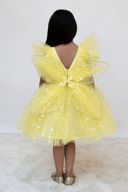 Shop Fayon Kids Yellow Net Bows Designer Dress at Aza Fashions Shop_Fayon Kids_Yellow Net Bows Designer Dress _at_Aza_Fashions