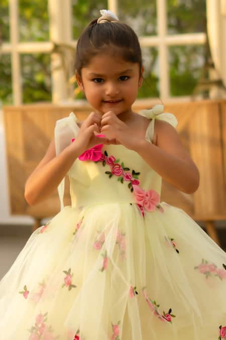 Fayon Kids Yellow Net Embroidery Floral Dress Online at Aza Fashions Fayon Kids_Yellow Net Embroidery Floral Dress _Online_at_Aza_Fashions