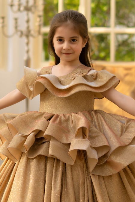 Fayon Kids Gold Shimmer Ruffled Dress Online at Aza Fashions Fayon Kids_Gold Shimmer Ruffled Dress _Online_at_Aza_Fashions