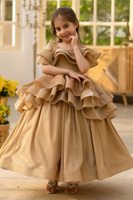 Buy Fayon Kids Gold Shimmer Ruffled Dress Online at Aza Fashions Buy_Fayon Kids_Gold Shimmer Ruffled Dress _Online_at_Aza_Fashions