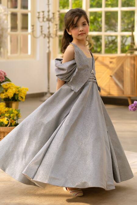 Buy Fayon Kids Gray Bows Designer Shimmer Dress Online at Aza Fashions Buy_Fayon Kids_Gray Bows Designer Shimmer Dress _Online_at_Aza_Fashions