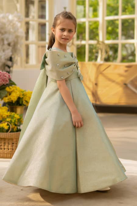 Buy Fayon Kids Green Beads Shimmer Designer Dress Online at Aza Fashions Buy_Fayon Kids_Green Beads Shimmer Designer Dress _Online_at_Aza_Fashions