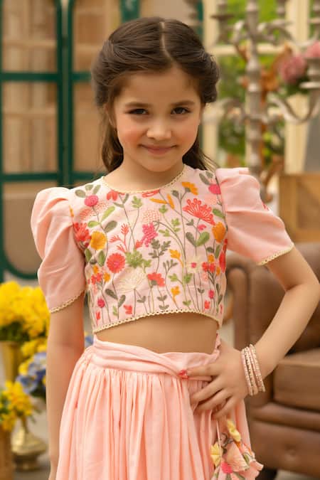 Shop Fayon Kids Peach Cotton Embroidery Floral Lehenga Set Online at Aza Fashions Shop_Fayon Kids_Peach Cotton Embroidery Floral Lehenga Set _Online_at_Aza_Fashions