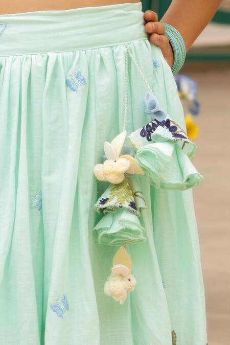 Fayon Kids Mint Cotton Pom-poms Designer Blue Lehenga And Blouse Set Online at Aza Fashions Fayon Kids_Mint Cotton Pom-poms Designer Blue Lehenga And Blouse Set _Online_at_Aza_Fashions