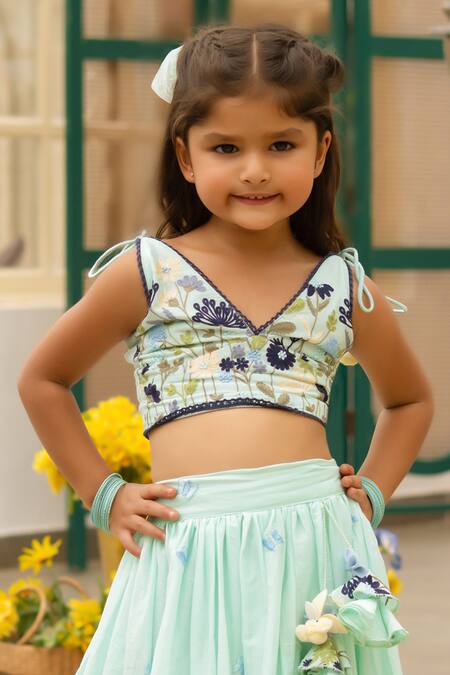 Buy Fayon Kids Mint Cotton Pom-poms Designer Blue Lehenga And Blouse Set Online at Aza Fashions Buy_Fayon Kids_Mint Cotton Pom-poms Designer Blue Lehenga And Blouse Set _Online_at_Aza_Fashions
