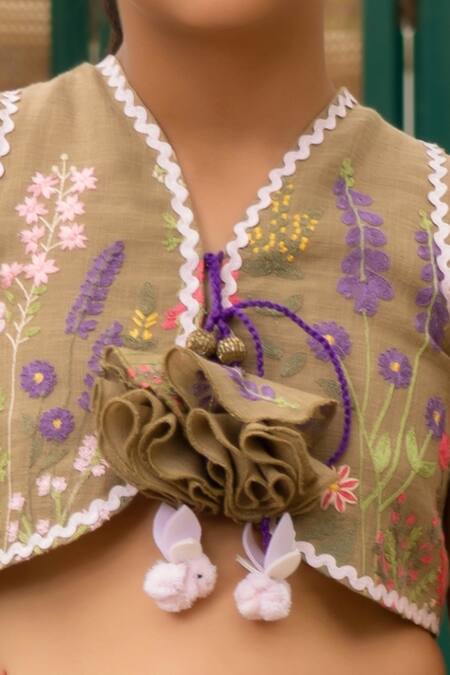 Fayon Kids Brown Cotton Tassels, Embroidery, Ruffles Lehenga And Blouse Set Online at Aza Fashions Fayon Kids_Brown Cotton Tassels, Embroidery, Ruffles Lehenga And Blouse Set _Online_at_Aza_Fashions