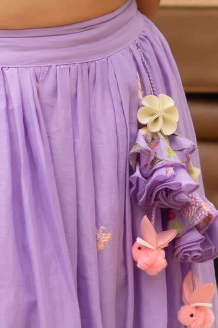 Fayon Kids Purple Cotton Pom-poms, Embroidery Floral Lehenga Set Online at Aza Fashions Fayon Kids_Purple Cotton Pom-poms, Embroidery Floral Lehenga Set _Online_at_Aza_Fashions