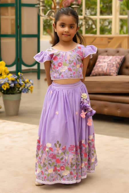 Fayon Kids Purple Cotton Pom-poms, Embroidery Floral Lehenga Set 