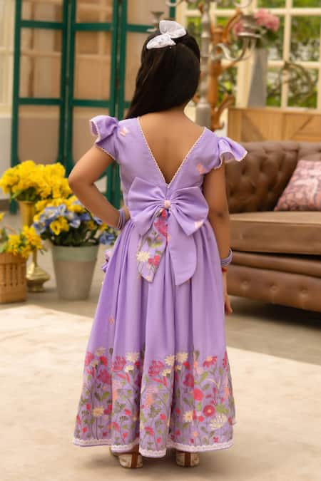 Shop Fayon Kids Purple Cotton Pom-poms, Embroidery Floral Lehenga Set at Aza Fashions Shop_Fayon Kids_Purple Cotton Pom-poms, Embroidery Floral Lehenga Set _at_Aza_Fashions