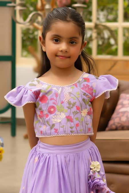 Buy Fayon Kids Purple Cotton Pom-poms, Embroidery Floral Lehenga Set Online at Aza Fashions Buy_Fayon Kids_Purple Cotton Pom-poms, Embroidery Floral Lehenga Set _Online_at_Aza_Fashions