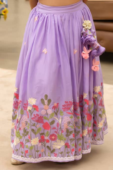 Shop Fayon Kids Purple Cotton Pom-poms, Embroidery Floral Lehenga Set Online at Aza Fashions Shop_Fayon Kids_Purple Cotton Pom-poms, Embroidery Floral Lehenga Set _Online_at_Aza_Fashions