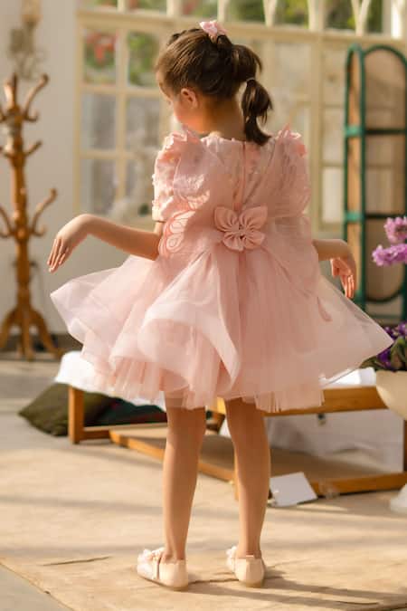 Shop Fayon Kids Peach Net Fabric Flowers Designer Dress at Aza Fashions Shop_Fayon Kids_Peach Net Fabric Flowers Designer Dress _at_Aza_Fashions