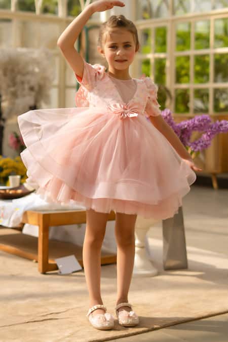 Fayon Kids Peach Net Fabric Flowers Designer Dress Online at Aza Fashions Fayon Kids_Peach Net Fabric Flowers Designer Dress _Online_at_Aza_Fashions