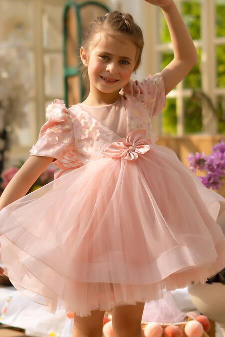 Buy Fayon Kids Peach Net Fabric Flowers Designer Dress Online at Aza Fashions Buy_Fayon Kids_Peach Net Fabric Flowers Designer Dress _Online_at_Aza_Fashions