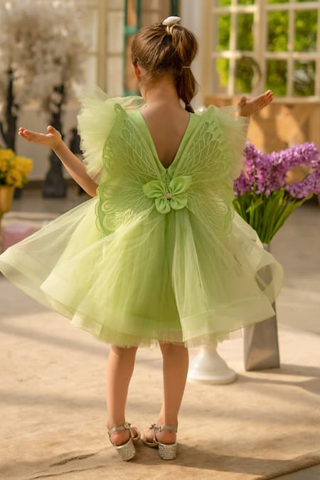 Shop_Fayon Kids_Green Net Bows Designer Dress _at_Aza_Fashions