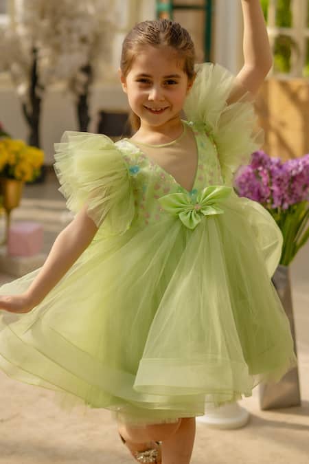 Fayon Kids_Green Net Bows Designer Dress _Online_at_Aza_Fashions