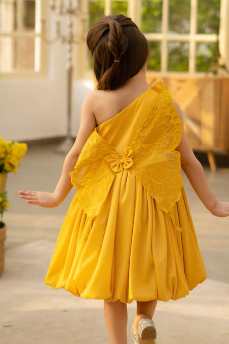 Shop Fayon Kids Yellow Designer Shimmer Dress at Aza Fashions Shop_Fayon Kids_Yellow Designer Shimmer Dress _at_Aza_Fashions