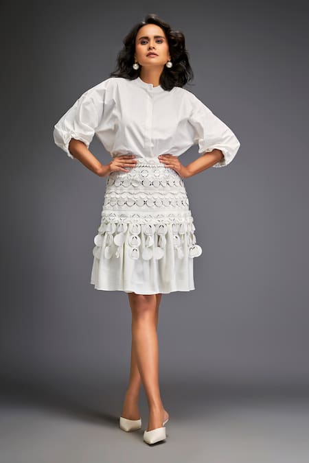 Deepika Arora White Textured Blouse & Tiered Skirt Set 