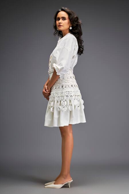 Buy_Deepika Arora_White Cotton Collared Textured Blouse And Tiered Skirt Set _Online_at_Aza_Fashions