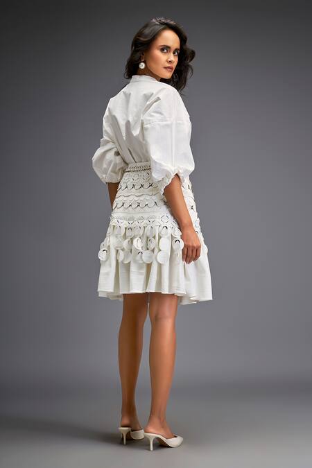 Shop_Deepika Arora_White Cotton Collared Textured Blouse And Tiered Skirt Set _Online_at_Aza_Fashions