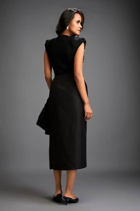 Deepika Arora Black Floral Applique Jacket Ensemble 