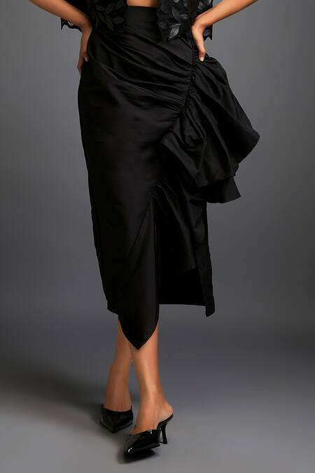 Buy_Deepika Arora_Black Taffeta Applique Round Neck Floral Jacket Ensemble _Online_at_Aza_Fashions