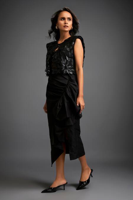 Shop_Deepika Arora_Black Taffeta Applique Round Neck Floral Jacket Ensemble 