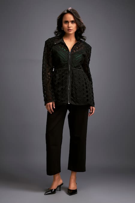 Deepika Arora Black Ponte Roma Cut Work High Neck Geometric Cutout Jacket 