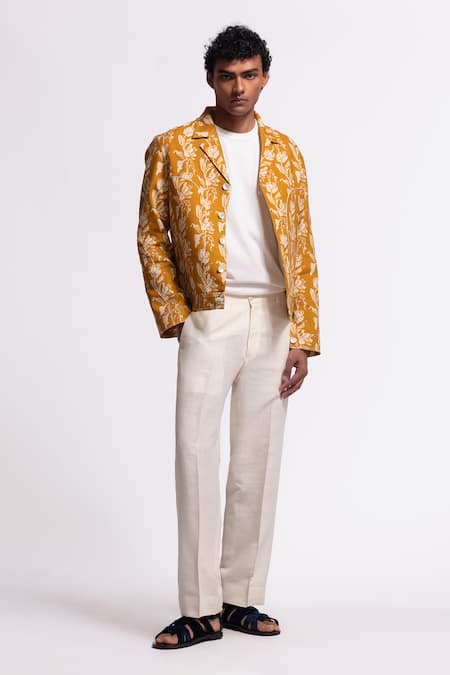 Balance By Rohit Bal Yellow Linen Floral Print Jacket Online at Aza Fashions Balance By Rohit Bal_Yellow Linen Floral Print Jacket _Online_at_Aza_Fashions