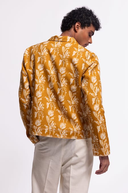 Shop Balance By Rohit Bal Yellow Linen Floral Print Jacket at Aza Fashions Shop_Balance By Rohit Bal_Yellow Linen Floral Print Jacket _at_Aza_Fashions