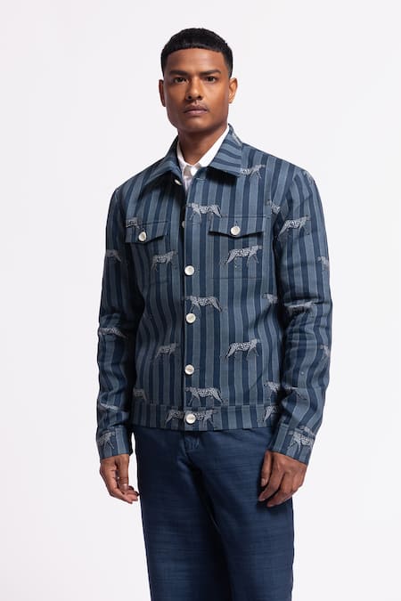 Balance By Rohit Bal Blue Linen Striped Designer Jacket