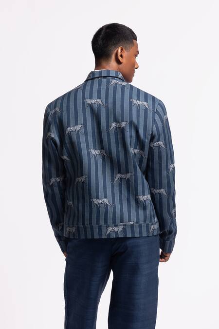 Shop Balance By Rohit Bal Blue Linen Striped Designer Jacket at Aza Fashions Shop_Balance By Rohit Bal_Blue Linen Striped Designer Jacket _at_Aza_Fashions