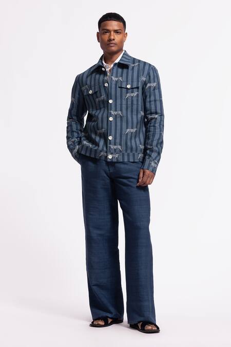 Balance By Rohit Bal Blue Linen Striped Designer Jacket Online at Aza Fashions Balance By Rohit Bal_Blue Linen Striped Designer Jacket _Online_at_Aza_Fashions