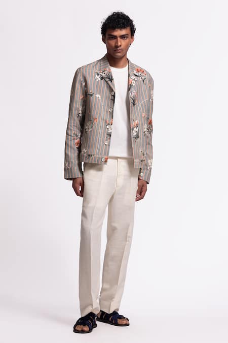 Balance By Rohit Bal Gray Linen Embroidery Grey Striped Floral Designer Jacket Online at Aza Fashions Balance By Rohit Bal_Gray Linen Embroidery Grey Striped Floral Designer Jacket _Online_at_Aza_Fashions