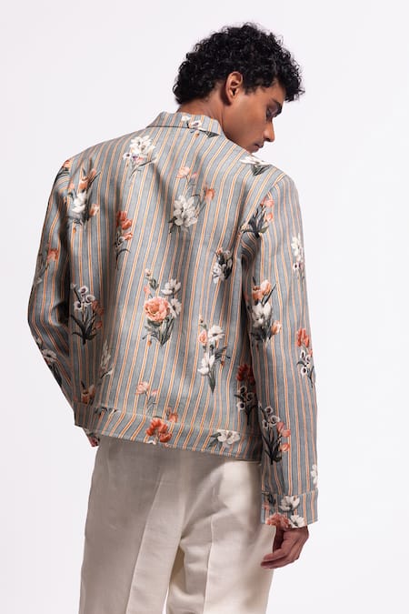 Shop Balance By Rohit Bal Gray Linen Embroidery Grey Striped Floral Designer Jacket at Aza Fashions Shop_Balance By Rohit Bal_Gray Linen Embroidery Grey Striped Floral Designer Jacket _at_Aza_Fashions